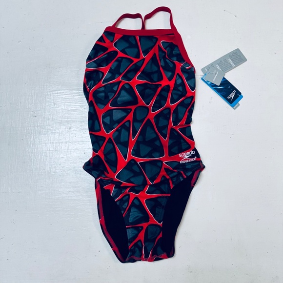 speedo Women's Swimsuit Hard Wired One Back Size 30 Red Black Abstract Print New - Picture 5 of 10